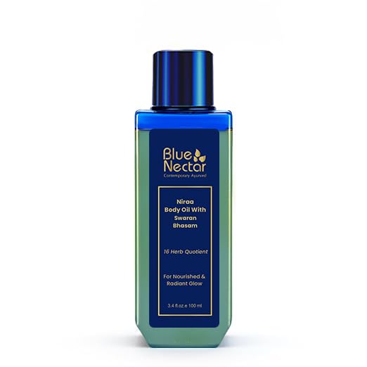 Blue Nectar Body Oil with Swaran Bhasam for Glowing Skin | Ayurvedic Body Oil for Dry Skin | Nourishing Oil with Gold & Shimmer (16 Herbs, 3.38 Fl Oz)