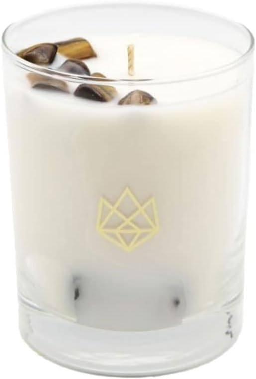 Luxury Glass Jar Candle, 14.5 OZ, Strength - Tiger Eye Crystal Infused - Scents of Cedarwood, Amber, & Sage - Power, Courage, & Expansion - Coconut Wax, Essential Oils, Dr. Developed