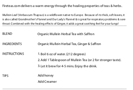 FIRE TEAS Organic Mullein Leaf Herbal Tea w/Ginger & Saffron - Respiratory & Lung Cleanse Herbal Tea, Mucous Membranes Support, Great Health Benefits, Loose Leaf -