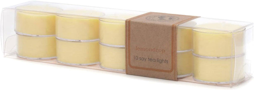 ECO CANDLE CO. Tea Light Candles, Lemondrop, 10-Pack - Scents of Lemon, Bergamot, Violet, Lavender, & Sandalwood - Recyclable Plastic Cups, 100% Soy Wax, No Lead, Hand Made, .6 oz. Each