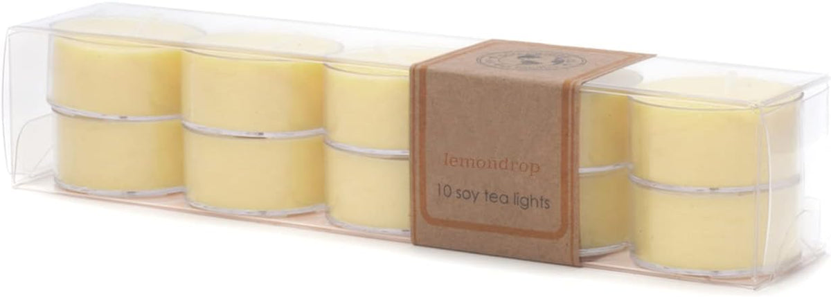 ECO CANDLE CO. Tea Light Candles, Lemondrop, 10-Pack - Scents of Lemon, Bergamot, Violet, Lavender, & Sandalwood - Recyclable Plastic Cups, 100% Soy Wax, No Lead, Hand Made, .6 oz. Each