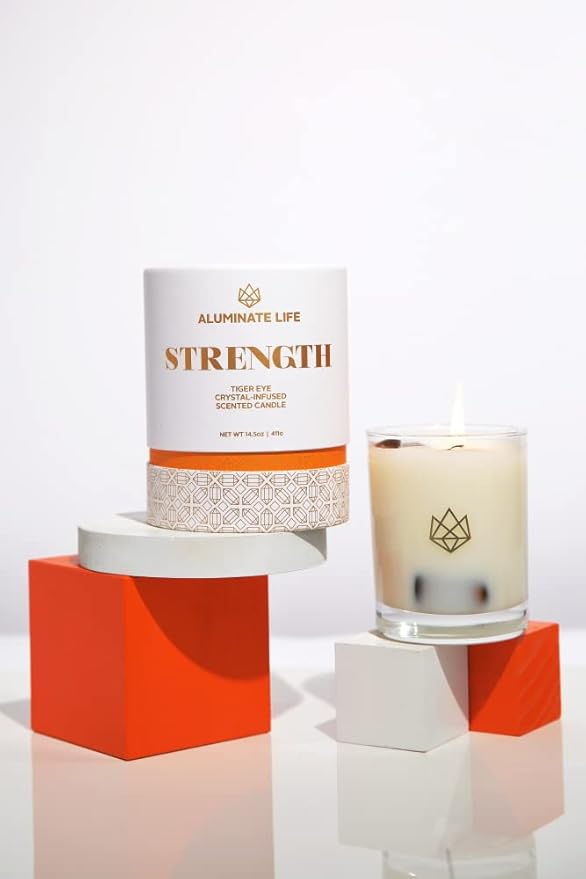 Luxury Glass Jar Candle, 14.5 OZ, Strength - Tiger Eye Crystal Infused - Scents of Cedarwood, Amber, & Sage - Power, Courage, & Expansion - Coconut Wax, Essential Oils, Dr. Developed