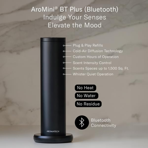 AromaTech New AroMini BT Plus Scent Diffuser w/Bluetooth – Cold-Air Diffusion Scent Machine for Home, Office, Hotel, Spa – Nebulizing Diffusion System for Essential Oil Blends (Gold)