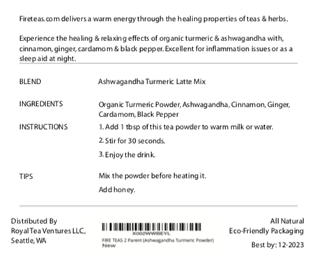 FIRE TEAS Ashwagandha Turmeric Latte Mix - Organic Ashwagandha, Turmeric, Ginger, Cardamom, Black Pepper & Cinnamon Powder- Helps Sleep, Relaxing, Delicious -