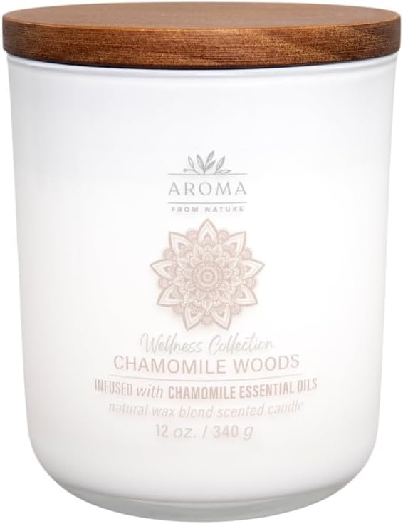 Aroma from Nature Wellness Collection Candle, 12 oz, 2 Cotton Wicks, Chamomile Woods, Large Painted Jar
