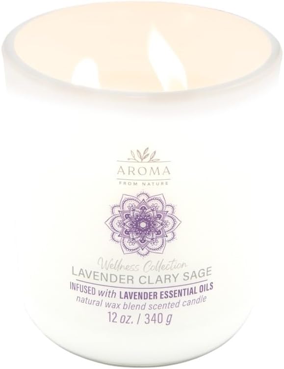Aroma from Nature Wellness Collection Candle, 12 oz, 2 Cotton Wicks, Lavender Clary Sage, Large Painted Jar