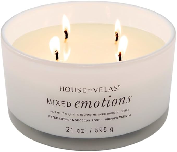 Burnable Sensations Candle, 21 oz, 4 Cotton Wicks, Mixed Emotions - Fruity Amber, Large Painted Jar