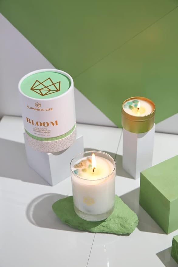 Luxury Glass Jar Candle, 14.5 OZ, Bloom - Amazonite Crystal Infused - Scents of Lavender, Neroli, and Jasmine - Hope, Discovery, & Growth - Coconut Wax, Essential Oils, Dr. Developed