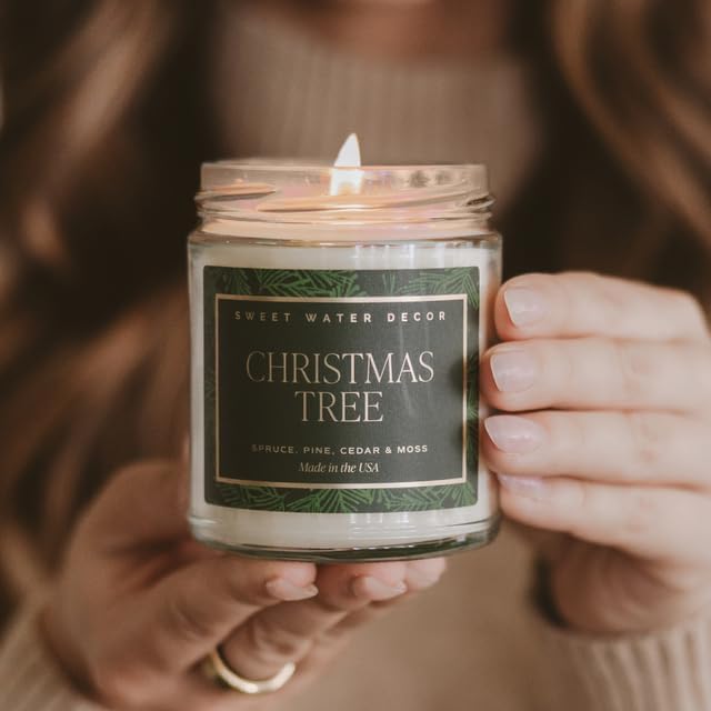Sweet Water Decor Christmas Tree Candle - Spruce, Pine Needles and Evergreen Candles Scented Soy Candles for Home - Christmas Candle 9oz Clear Jar, 40 Hour Burn Time, Made in The USA