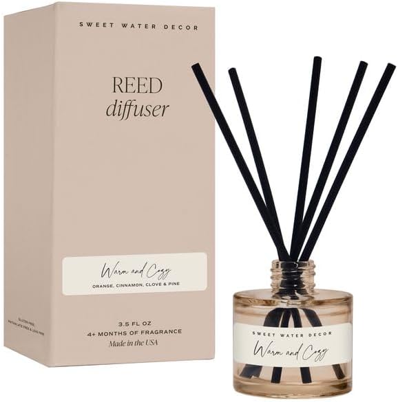 Sweet Water Decor Warm and Cozy Reed Diffuser Set - Orange, Cinnamon, Clove, and Pine Fall and Winter Scented Diffuser - Sandstone Diffusers for Home, Long Lasting Fragrance, Made in The USA