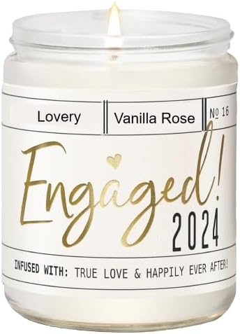 LOVERY Engagement Gift, Vanilla Rose Scented Soy Wax Candle, Engagement Gifts for Couples, Engaged 2024 Candle, Engagement Gifts for Her, Fiancé Gifts for Women, 50Hr Burn, White, Gold