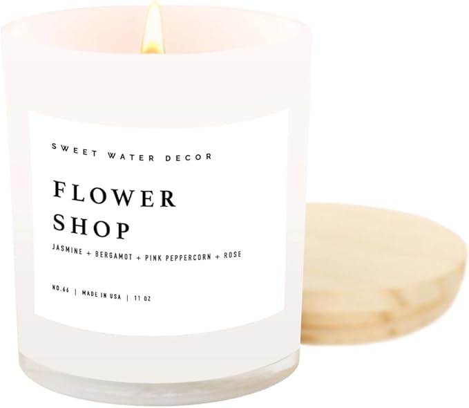Sweet Water Decor Flower Shop Candle - Jasmine with Pink Peppercorn Scent -100% Cotton Wick Soy Blend Wax Candles with 50 Hour Burn Time - Poured in The USA - 11oz White Jar