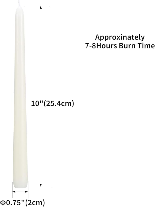 20 Ivory 10 Inch Unscented Smokeless Taper Candles with Cotton Wick, 7+ Hours of Long Lasting Burn, Great for Halloween,Home Decor & Parties, Beautiful Gifts!