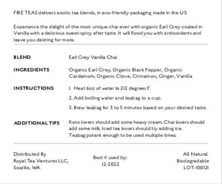 FIRE TEAS Earl Grey Spice Tea - Organic Earl Grey, Clove, Vanilla, Black Pepper, Cardamom, Cinnamon, Ginger - Anti Oxidant Rich, Naturally Sweet & Spicy, Bergamot Oil Coated, Keto Friendly-