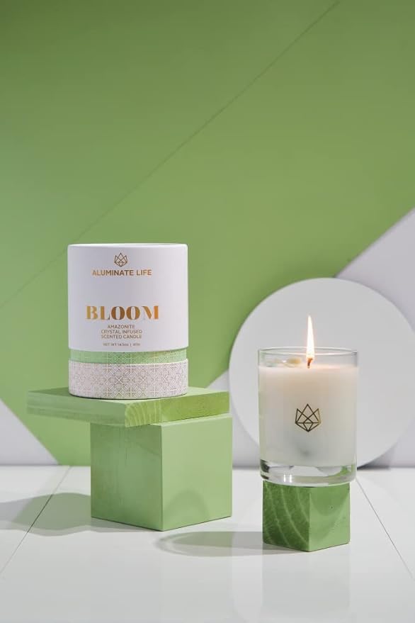 Luxury Glass Jar Candle, 14.5 OZ, Bloom - Amazonite Crystal Infused - Scents of Lavender, Neroli, and Jasmine - Hope, Discovery, & Growth - Coconut Wax, Essential Oils, Dr. Developed