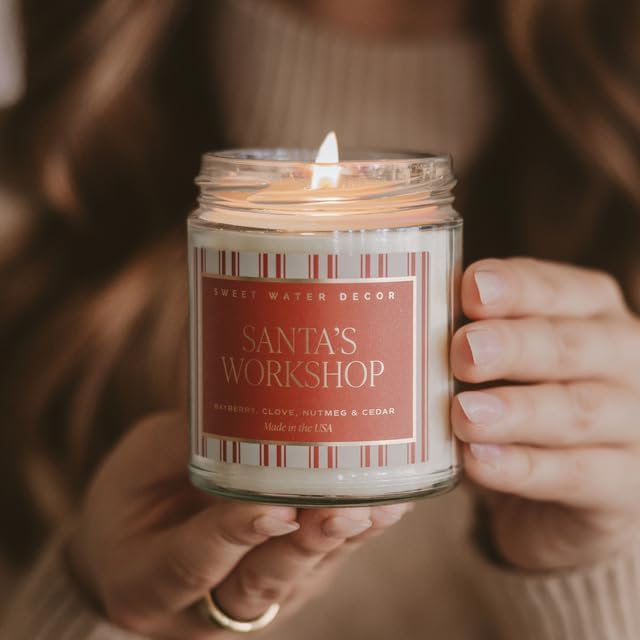 Sweet Water Decor Santa's Workshop Candle - Bayberry, Fir, Nutmeg, and Clove Winter Holiday Scented Soy Candles for Home - 9oz Clear Jar, 40 Hour Burn Time, Made in The USA