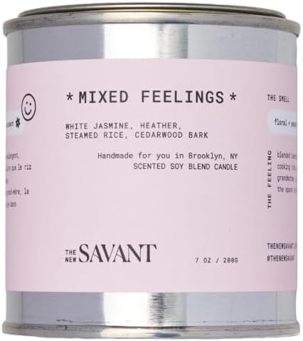 The New Savant Scented Candle - Mixed Feelings - Aesthetic Candle for Home, Pear, Jasmine, Vanilla & Cedarwood, Soy Wax Blend, Vegan & Cruelty-Free, 50-Hour Burn Time - 7oz