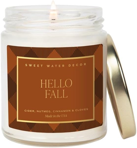 Sweet Water Decor Hello Fall Candle, Autumn Scented Notes of Cider, Cinnamon Cloves, & Nutmeg, 40+ Hour Burn Time, Non-Toxic Soy Wax Blend, Poured in The USA, Cotton Wick, 9oz Glass Jar with Gold Lid
