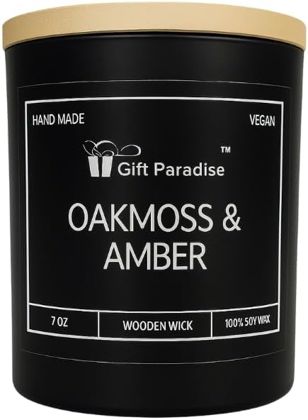 Oakmoss & Amber Gift Paradise 7 oz Soy Wax Candle with Wood Wick and Premium Wooden Gift Box – Handcrafted Vegan Candle, Non-Toxic, Long Burn, Earthy & Warm Aromatherapy Candle for Home & Gifting