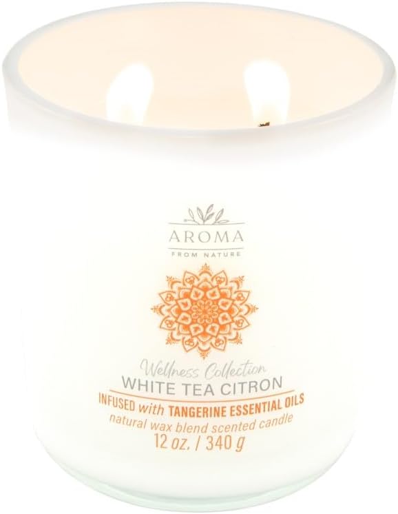 Aroma from Nature Wellness Collection Candle, 12 oz, 2 Cotton Wicks, White Tea Citron, Large Painted Jar