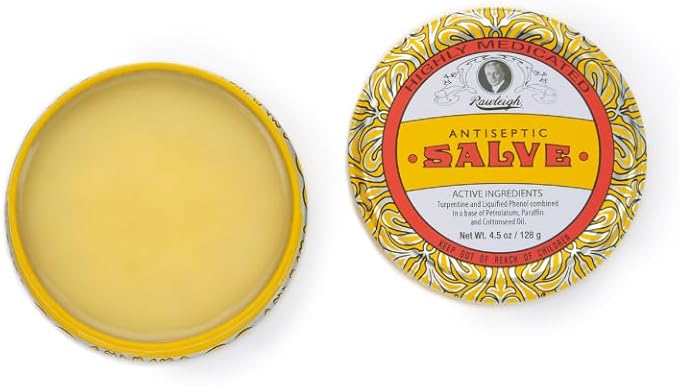 Rawleigh Antiseptic Salve Iconic Yellow Big Tin: 4.5 oz, Multi-Purpose Ointment Soothes Cuts, Bruises, Irritations, with Turpentine, Phenol, Cottonseed Oil & Paraffin, Original Formula - Pack of 3