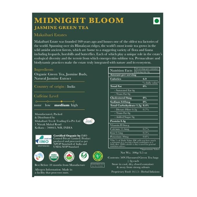 Luxmi Estates, Midnight Bloom, Organic Jasmine Tea (Loose Leaf 100g) Jasmine and Darjeeling Green Tea for Energy with no Jitters, Natural Aid Relieve Stress, Improved Mental Clarity and Immunity