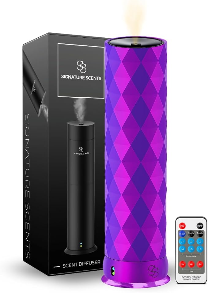 Waterless Essential Oil Hotel Scent Diffuser - Cold Air Diffuser - Covers 1000 sq. ft. - Waterless Diffuser for Home, Office & Hotel (Black + Interchangeable Sleeve) (Black + Purple/Pink/Blue Sleeve)
