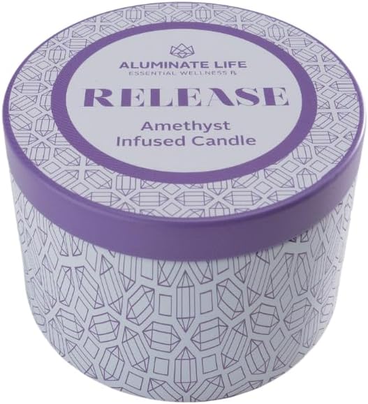 Luxury Candle Tin, 6 OZ, Release - Amethyst Healing Crystal Infused - Scents of Lavender, Bergamot, & Frankincense - Relieve, Support, & Transform - Coconut Wax, Essential Oils