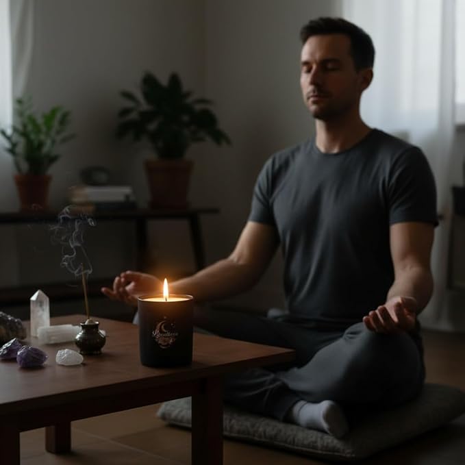 Wick & Whisper – Lunathera Ritual Candle — Lavender & Sandalwood Aromatherapy Soy Candle for Energetic Shifts, Reflection & Restorative Healing Journeys | 10 oz Matte Black Jar