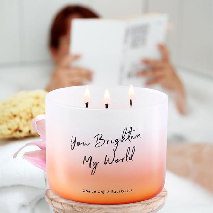 Orange Goji Berry & Eucalyptus 3-Wick Soy Scented Candle, 15.8 oz Large | Scented Candles for Home | Citrus Eucalyptus Aromatherapy Candle | “You Brighten My World” Quote