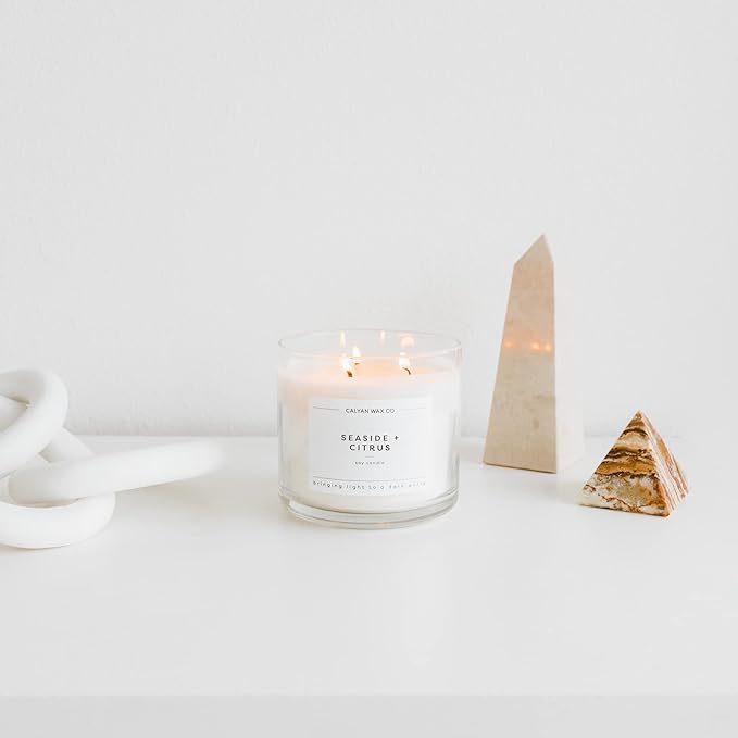 Calyan Wax Co. Seaside & Citrus 3 Wick Scented Candle - 43 Hour Burn - Luxury 3 Wick Soy Candles - Non Toxic Soy Wax Candles - Long Lasting Large Glass Jar Candle for Home - 14.9oz