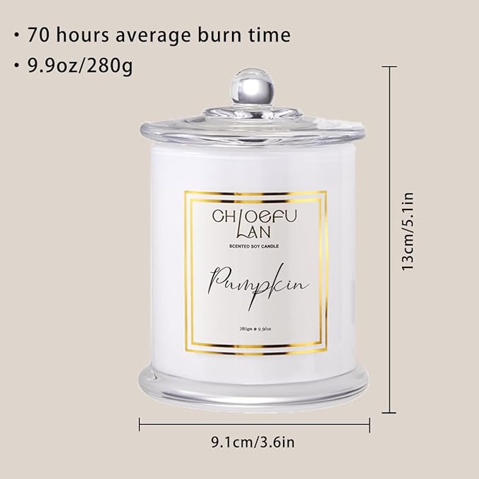 Chloefu LAN Pumpkin Candle, Fall Candles for Home Scented, Halloween Gifts for Women & Men, Natural Soy Scented Candles, Holiday Autumn Gift, Luxury Glass Jar, 75 Hours Long Burning, 10 oz
