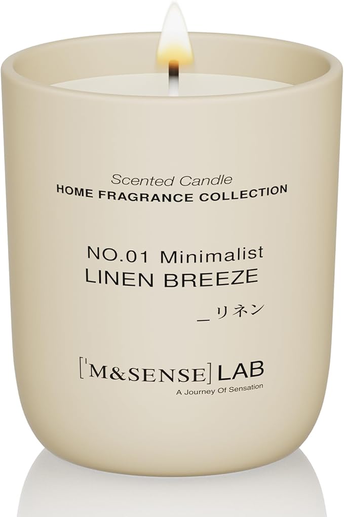 M&SENSE Natural Soy Candle| Linen Breeze | 5.3 oz | Minimalist Christmas Scented Candle for Relaxation, Gifting, Home Décor | for Bedroom, Office, Party Small