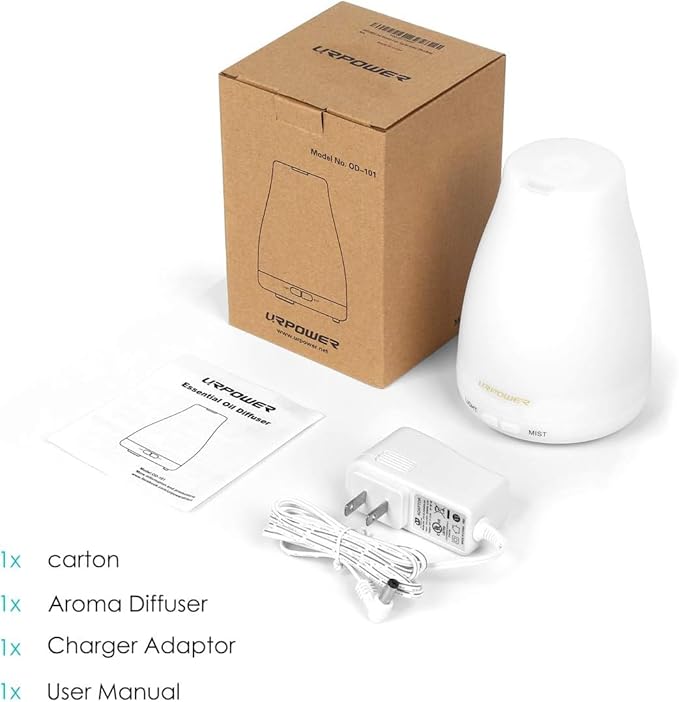 URPOWER 2nd Version Essential Oil Diffuser with Adjustable Mist Mode Waterless Auto Shut-Off and 7 Color LED Lights for Home Office, One Size (Pack of 1), White