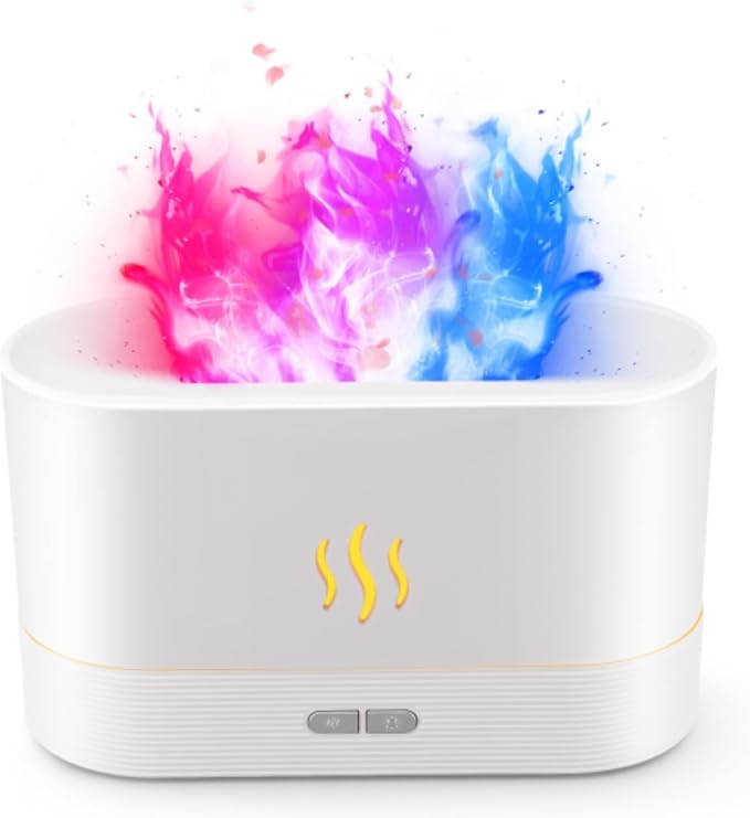 Colorful Flame Air Aroma Diffuser Humidifier, Upgraded 7 Flame Color Noiseless Essential Oil Diffuser for Home,Office,Yoga with Auto-Off Protection 180ml (8Hours White)