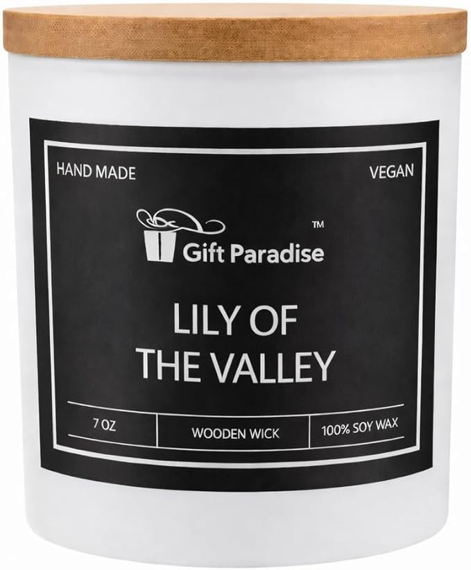 Lily of The Valley Soy Candle with Wooden Gift Box — 7 oz Wood Wick | 100% Soy, Clean Burn, Non-Toxic, Vegan Floral Scent