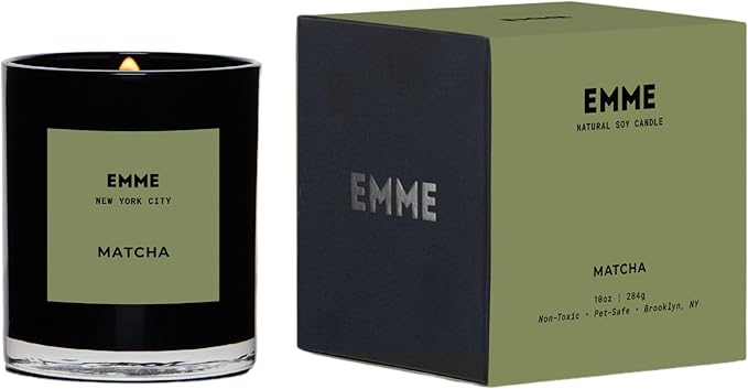 EMME NYC Scented Candle Jar - Black Glass, Soy, Natural, Non-Toxic, Pet-Safe, Up to 60 Hours Burn Time, Wood Wick, Strong Scent, Cruelty-Free, 10 oz - Matcha