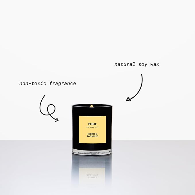 EMME NYC Scented Candle Jar - Black Glass, Soy, Natural, Non-Toxic, Pet-Safe, Up to 60 Hours Burn Time, Wood Wick, Strong Scent, Cruelty-Free, 10 oz - Best Smelling Scented Candles (Honey Jasmine)