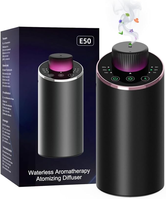 Waterless Essential Oil Diffuser Aromatherapy Scent Diffusers for Home Large Room, Bedroom, Car, Office, Desk, Battery Operated Mini Portable Air Freshener, 3 Countdown Timers & 3 Mist Levels
