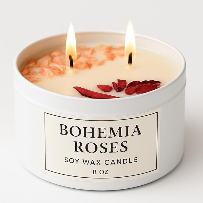 Aqua MARR Handcrafted Bohemia Roses Soy Wax Candle, 8 oz Dual-Wick Soy Candle with Dried Rose Petals, White Metal Container