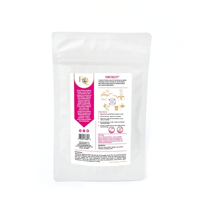 FunctionaliQi Punctuality Functional Herbal Tea Bags with Hibiscus Spice, Black and Blue Cohosh,Ginger, Dandelion for Late Menstrual Period (2 Eco Tea Bags)