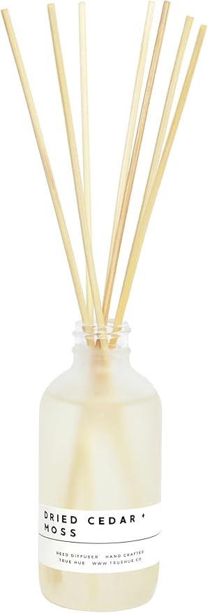 Luxury Reed Diffuser| True Hue | 3.75 fl oz | Glass and Rattan | Lasts for 2-3 Months | Fragrance Diffusers for Home | Handmade in USA (Dried Cedar + Moss)
