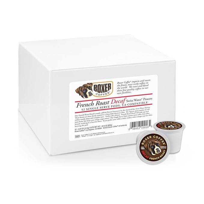 Boxer Coffee 52ct Decaf French Roast – Swiss Water Process Dark Roast Coffee Pods – Compatible with Keurig K-Cup Brewers – Specialty Grade, Artisan Single-Serve Cups