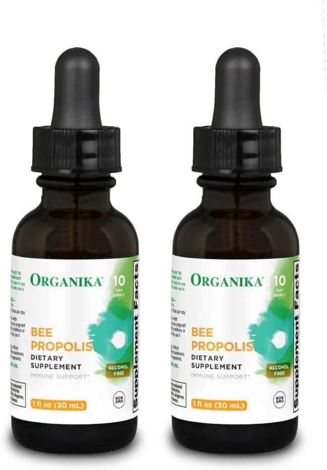Organika Bee Propolis Tincture 1 oz x 2 Pack: Clean and Vegan Propolis Extract for Immune Defenses, Throat, and Breath - Free of Gluten, GMO, & Artificial Flavors - 20 Day Prop Drops Supply