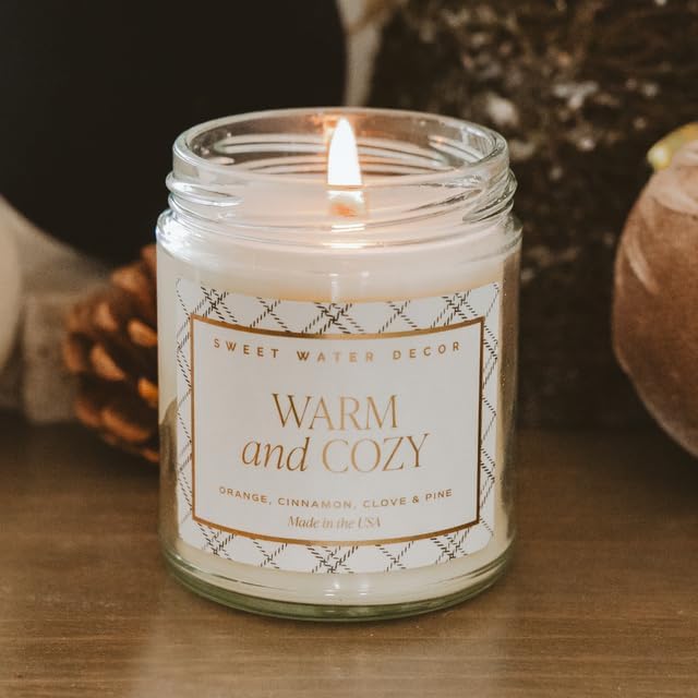 Sweet Water Decor Warm and Cozy Candle - Pine Cinnamon & Fir Winter Scented Soy Candles for Home - 9oz Clear Jar, 40 Hour Burn Time, Made in The USA
