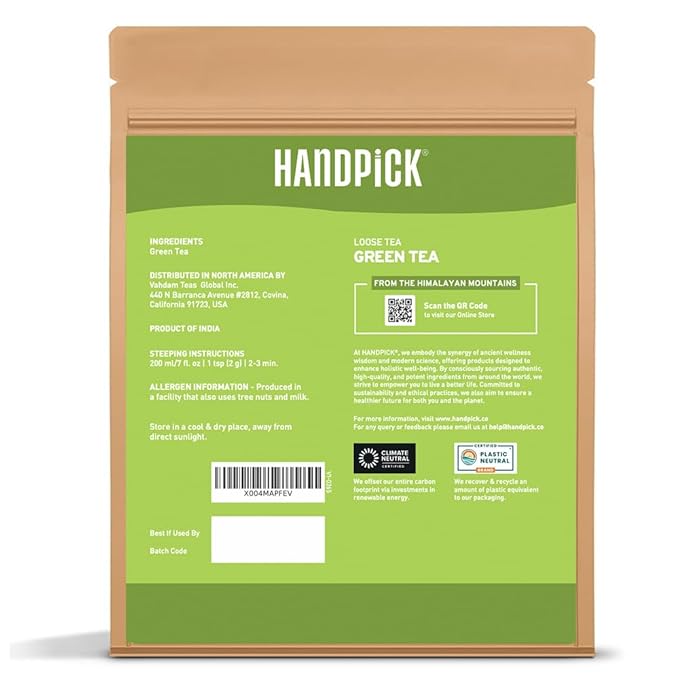 HANDPICK, Green Tea Loose Leaf (255g/9oz) 127 Cups | Non-GMO, 100% Pure Green Tea Leaves Sourced from Himalayas, India | Resealable Ziplock Pouch