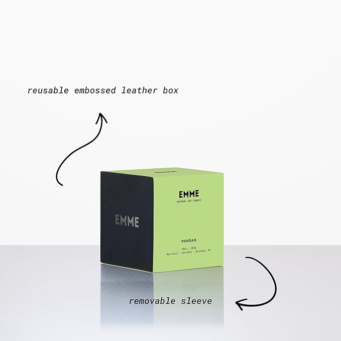 EMME NYC Scented Candle Jar - Black Glass, Soy, Natural, Non-Toxic, Pet-Safe, Up to 60 Hours Burn Time, Wood Wick, Strong Scent, Cruelty-Free, 10 oz - Best Smelling Scented Candles (Pandan)