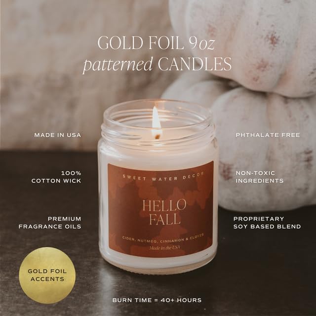 Sweet Water Decor Hello Fall Candle, Autumn Scented Notes of Cider, Cinnamon Cloves, & Nutmeg, 40+ Hour Burn Time, Non-Toxic Soy Wax Blend, Poured in The USA, Cotton Wick, 9oz Glass Jar with Gold Lid