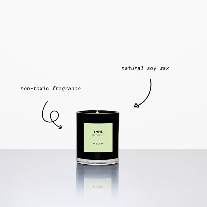 EMME NYC Scented Candle Jar - Black Glass, Soy, Natural, Non-Toxic, Pet-Safe, Up to 60 Hours Burn Time, Wood Wick, Strong Scent, Cruelty-Free, 10 oz - Melon