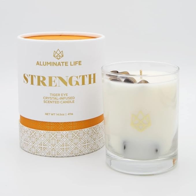 Luxury Glass Jar Candle, 14.5 OZ, Strength - Tiger Eye Crystal Infused - Scents of Cedarwood, Amber, & Sage - Power, Courage, & Expansion - Coconut Wax, Essential Oils, Dr. Developed